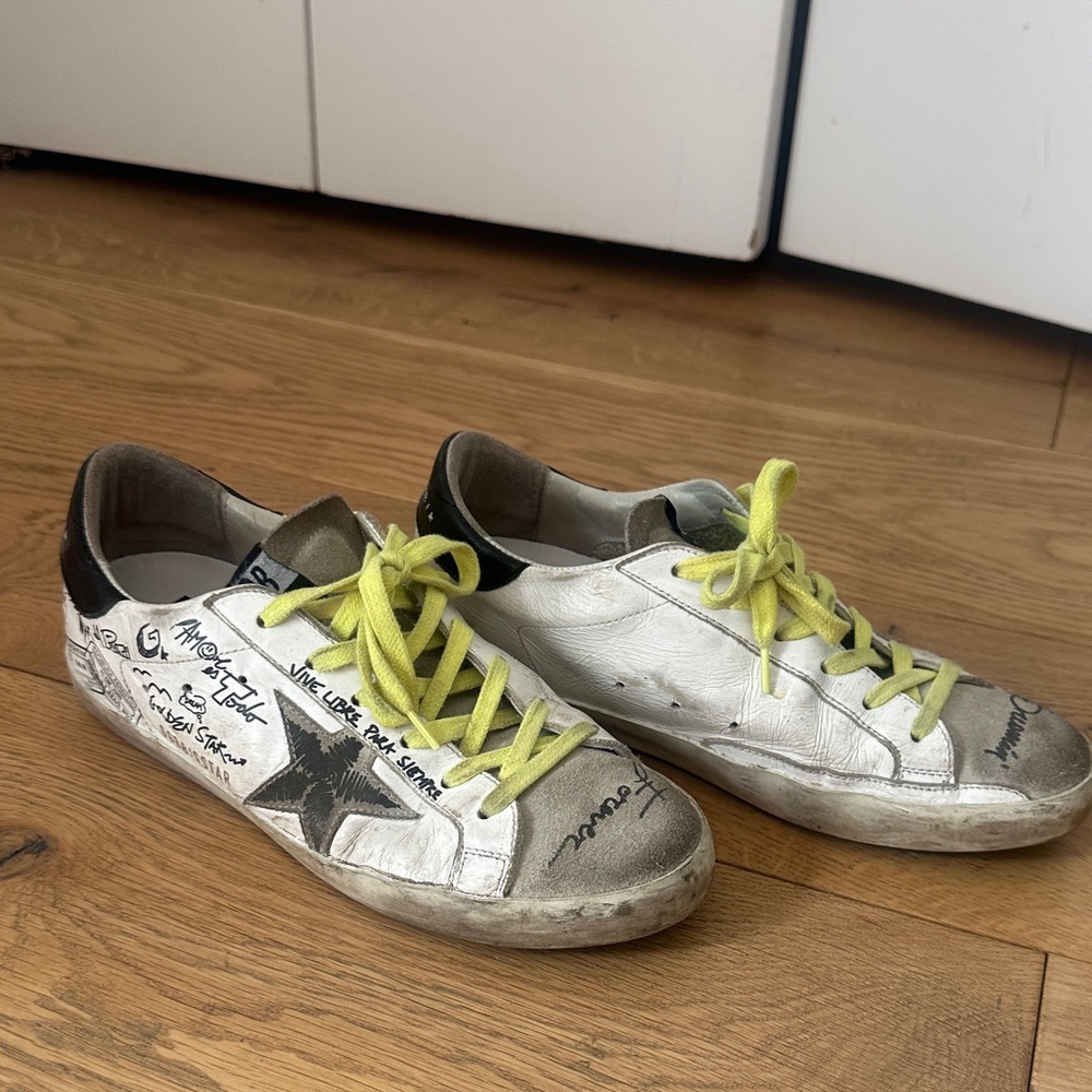 Golden Goose White and Black Sneakers with Yellow Laces